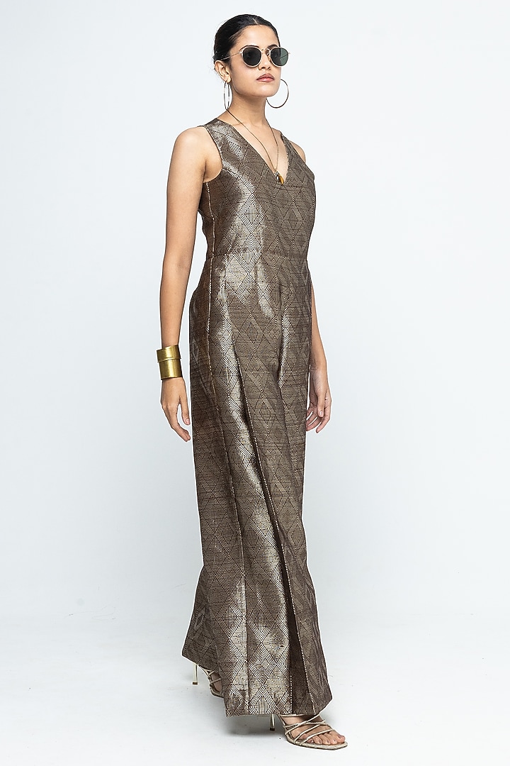 Golden Brown Raw Silk V-Neck Jumpsuit by Sobariko at Pernia's Pop Up Shop