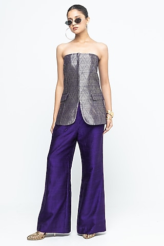 Purple Raw Silk Brocade Tube Jacket Set by Sobariko