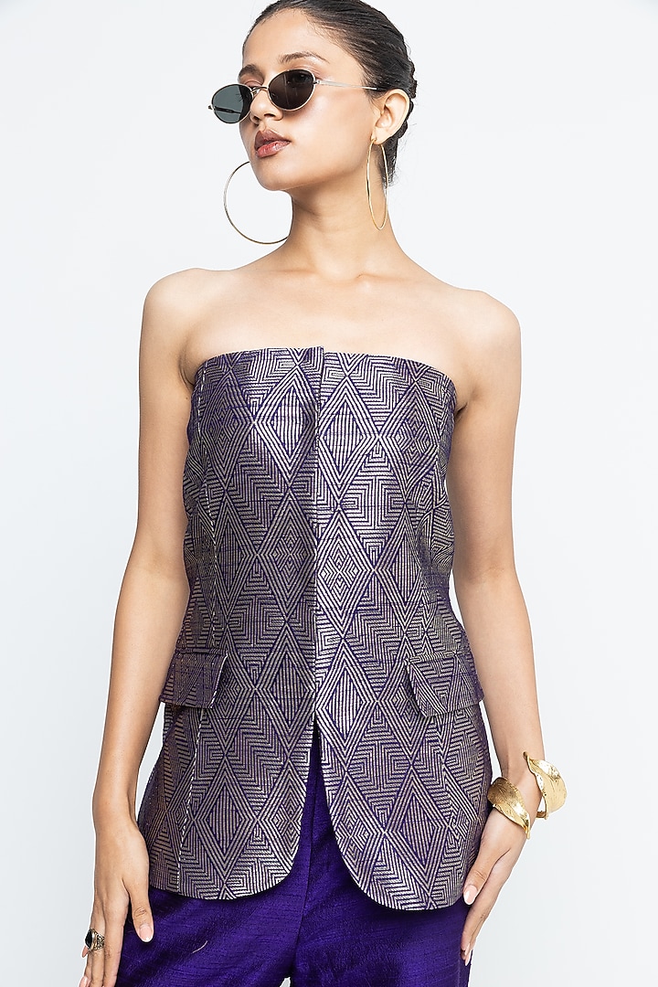 Purple Raw Silk Brocade Tube Jacket Set by Sobariko at Pernia's Pop Up Shop