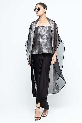 Black Satin Draped Skirt Set by Sobariko