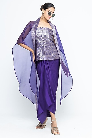 Purple Satin Draped Skirt Set by Sobariko