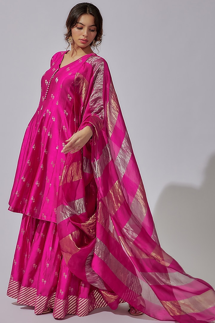 Pink Chanderi Silk Sharara Set by Sobariko