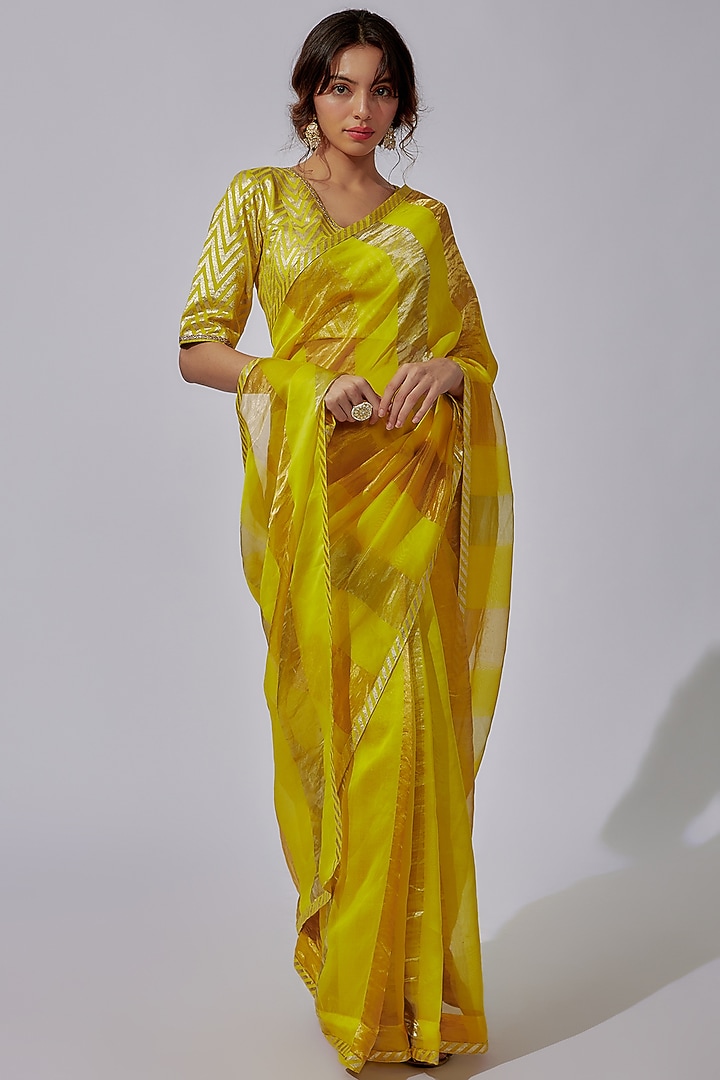 Lime Yellow Organza Striped Saree Set Design by Sobariko at Pernia's Pop Up Shop 2024