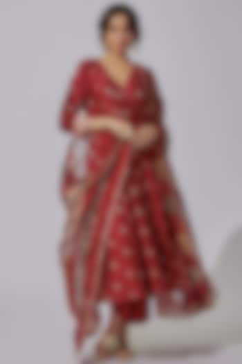 Red Chanderi Silk Angrakha Kurta Set by Sobariko