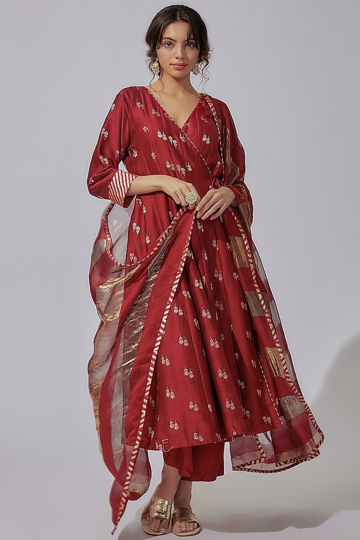 Red Chanderi Silk Angrakha Kurta Set by Sobariko