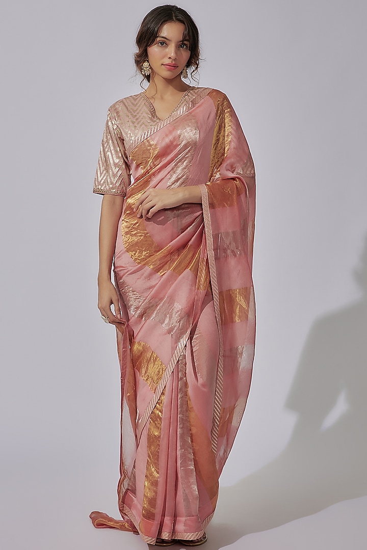 Pastel Pink Organza Striped Saree Set by Sobariko