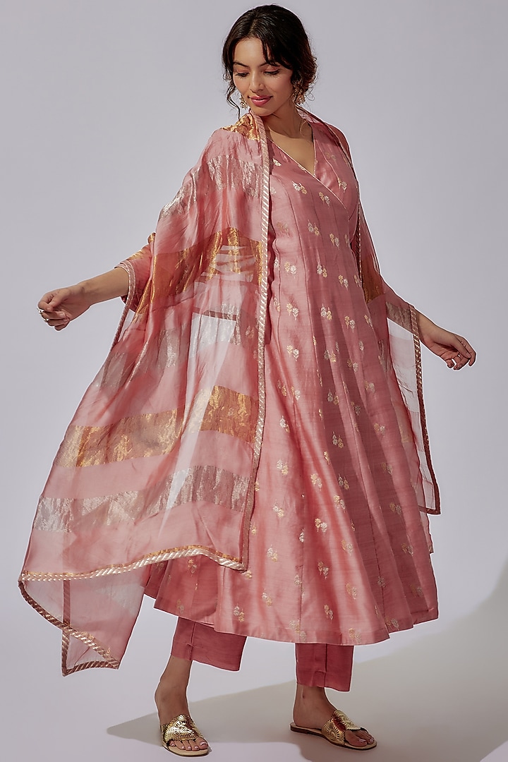 Pastel Pink Chanderi Silk Angrakha Kurta Set by Sobariko