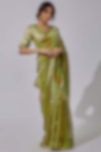 Pista Green Organza Striped Saree Set by Sobariko