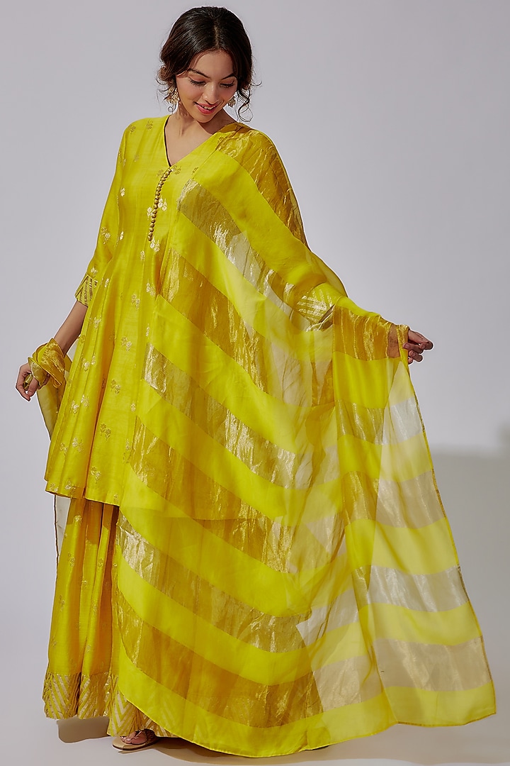Lime Yellow Chanderi Silk Sharara Set by Sobariko