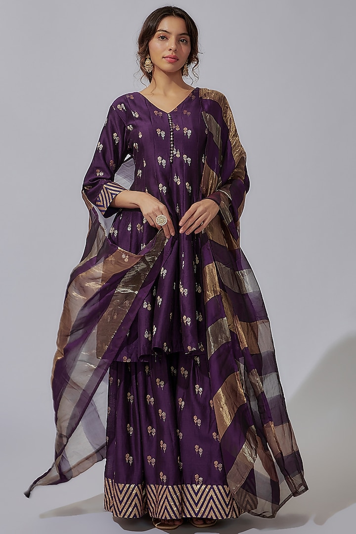 Purple Chanderi Silk Sharara Set by Sobariko