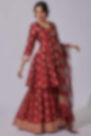 Red Chanderi Silk Sharara Set by Sobariko