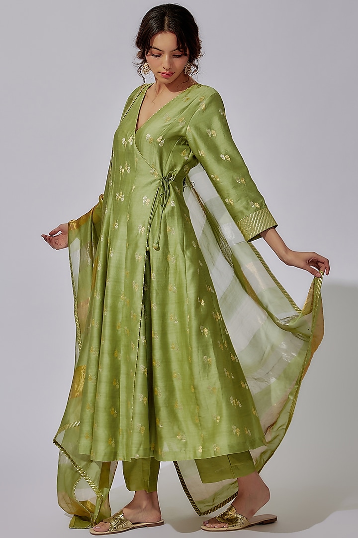 Pista Green Chanderi Silk Angrakha Kurta Set by Sobariko