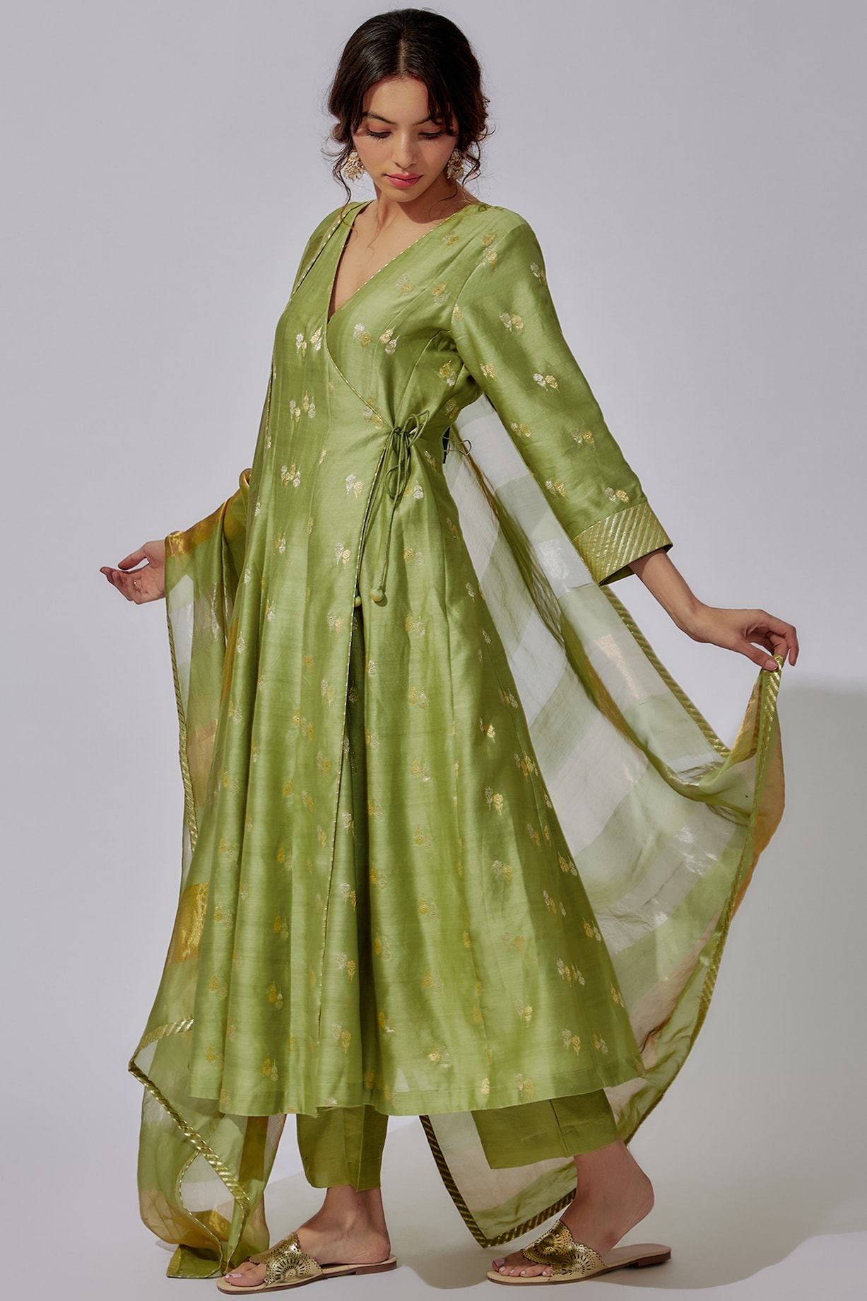 Pista Green Chanderi Silk Angrakha Kurta Set Design by Sobariko at Pernia's  Pop Up Shop 2024