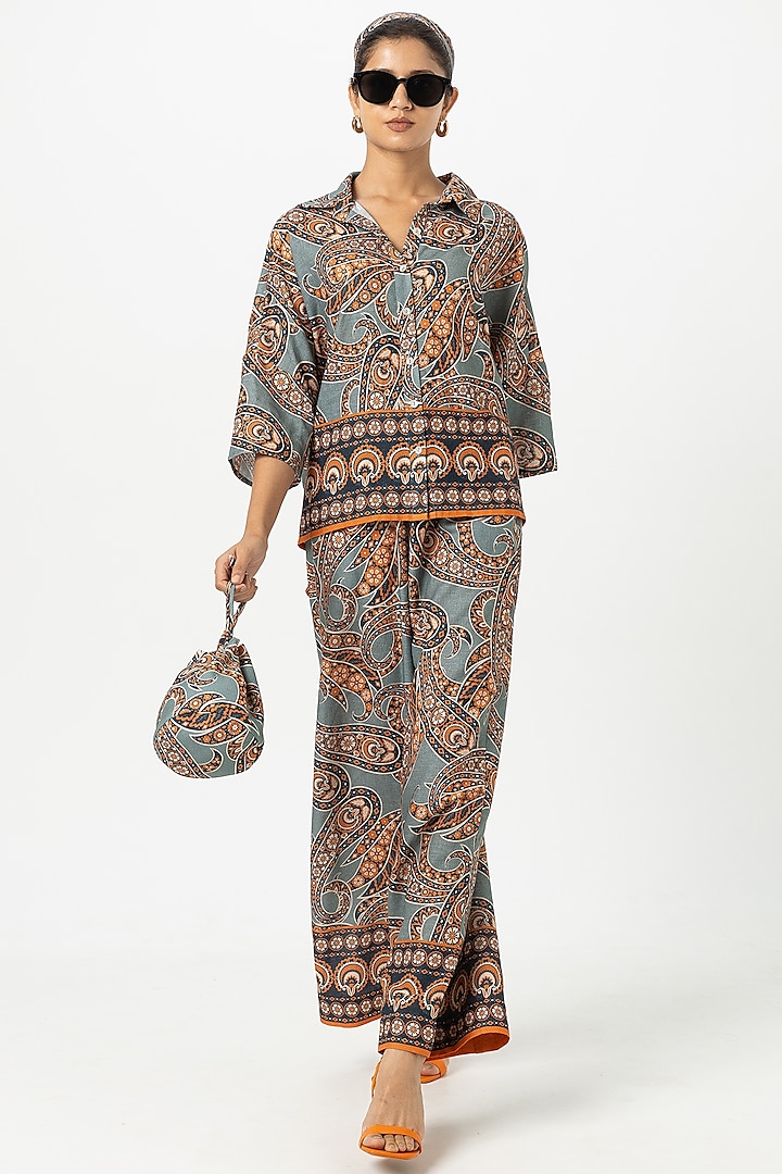 Teal Linen Blend Paisley Printed Co-Ord Set by Sobariko at Pernia's Pop Up Shop