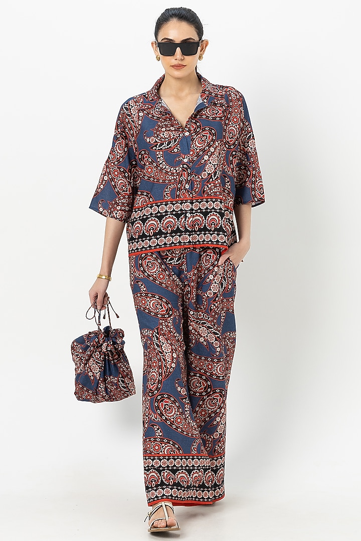 Blue Linen Blend Paisley Printed Co-Ord Set by Sobariko at Pernia's Pop Up Shop