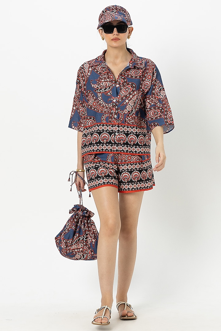 Blue Linen Blend Paisley Printed Co-Ord Set by Sobariko at Pernia's Pop Up Shop