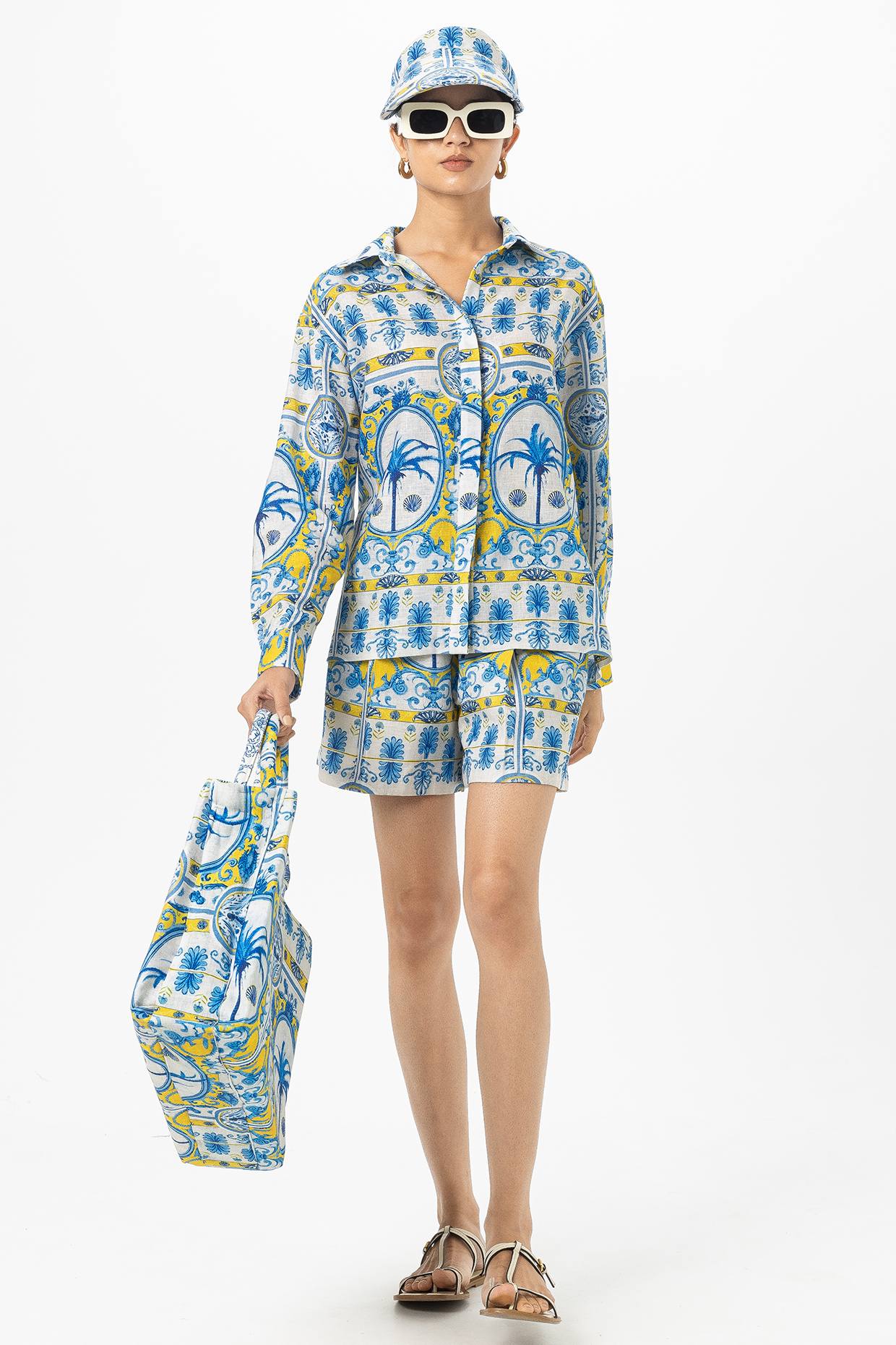 Blue Linen Blend Printed Co-Ord Set by Sobariko at Pernia's Pop Up Shop