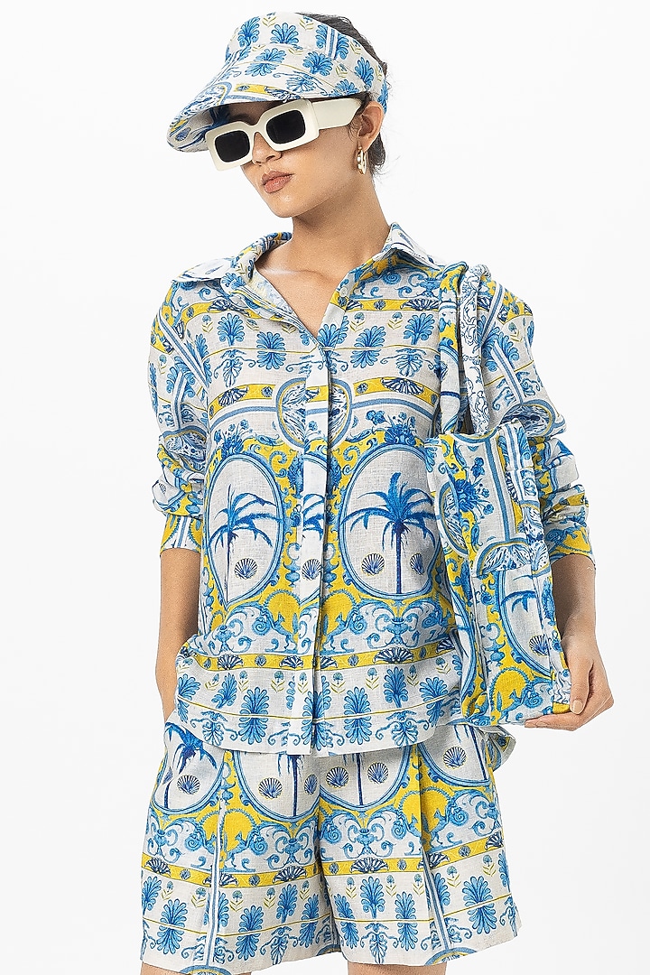 Blue Linen Blend Printed Co-Ord Set by Sobariko at Pernia's Pop Up Shop