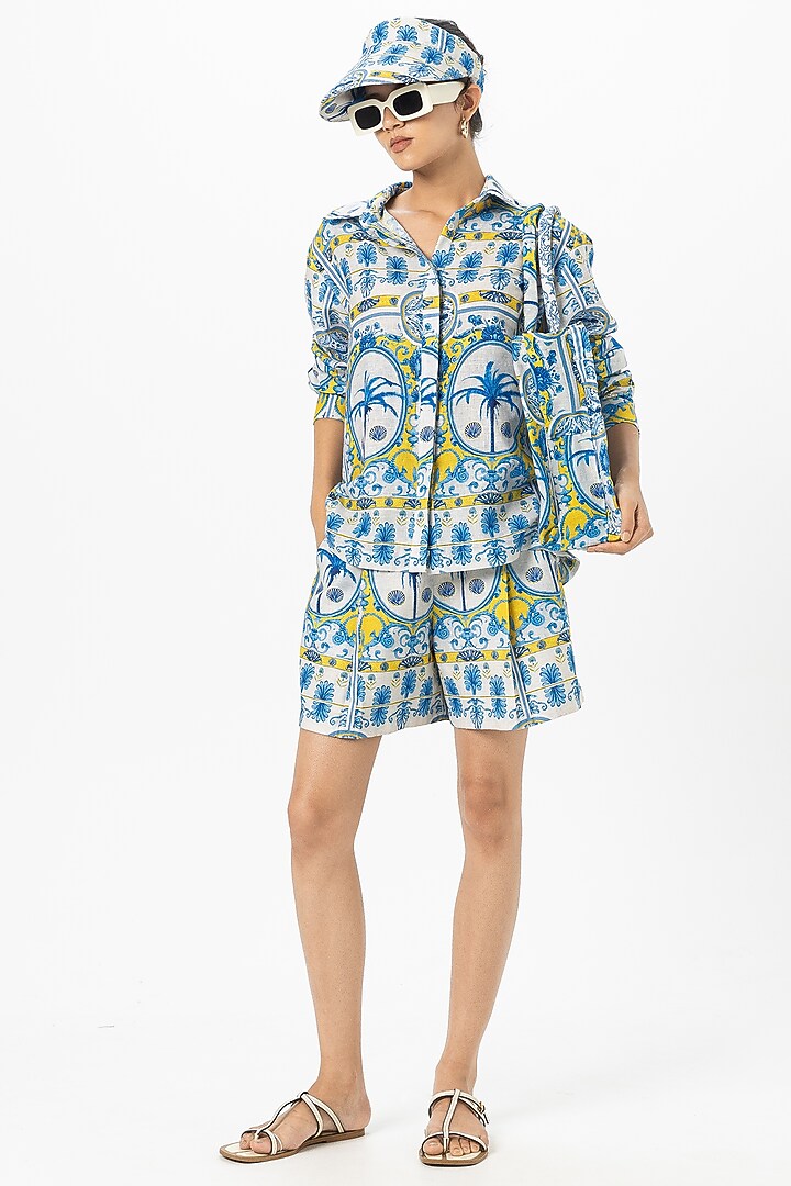 Blue Linen Blend Printed Co-Ord Set by Sobariko at Pernia's Pop Up Shop