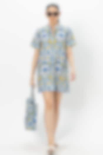 Blue Linen Blend Printed Shift Dress by Sobariko at Pernia's Pop Up Shop