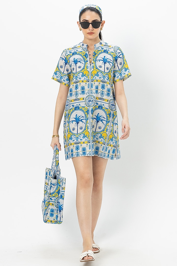 Blue Linen Blend Printed Shift Dress by Sobariko at Pernia's Pop Up Shop