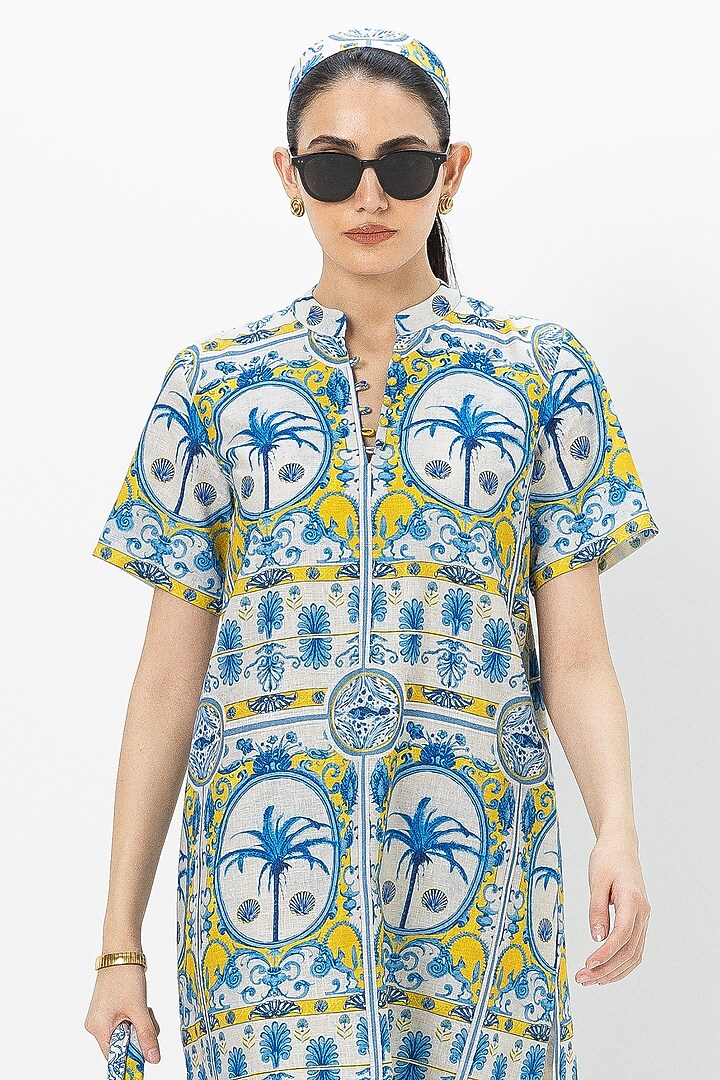 Blue Linen Blend Printed Shift Dress by Sobariko at Pernia's Pop Up Shop