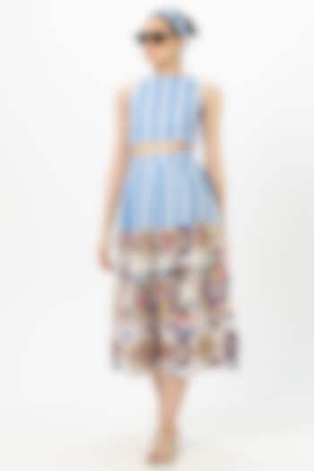 Blue Linen Blend Floral Printed Skirt Set by Sobariko at Pernia's Pop Up Shop