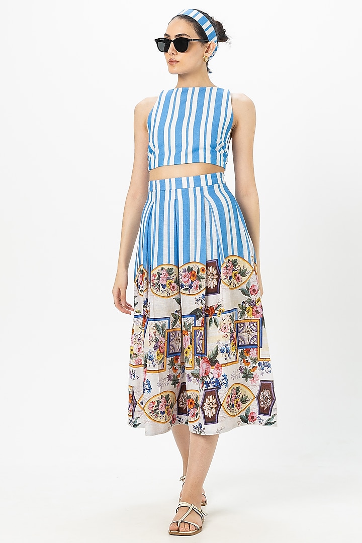Blue Linen Blend Floral Printed Skirt Set by Sobariko at Pernia's Pop Up Shop