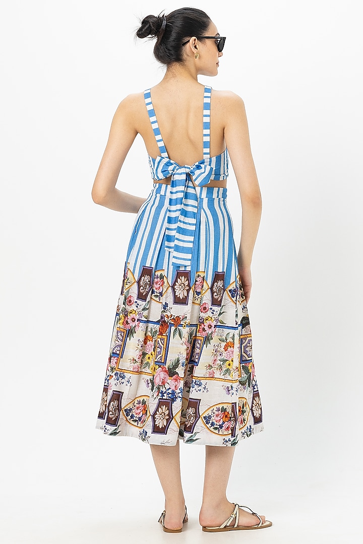 Blue Linen Blend Floral Printed Skirt Set by Sobariko at Pernia's Pop Up Shop