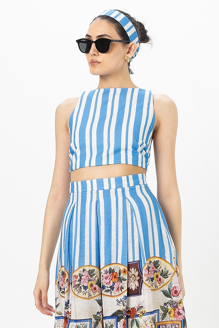 Blue Linen Blend Floral Printed Skirt Set by Sobariko at Pernia's Pop Up Shop