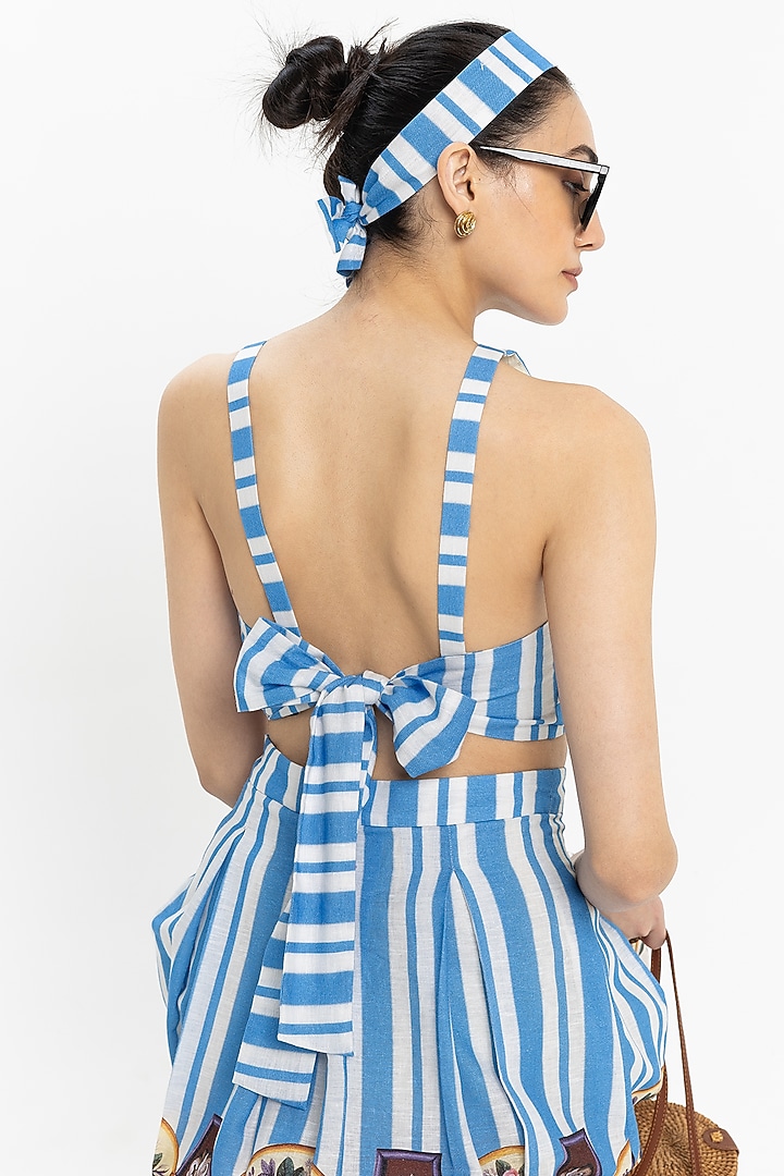 Blue Linen Blend Floral Printed Skirt Set by Sobariko at Pernia's Pop Up Shop