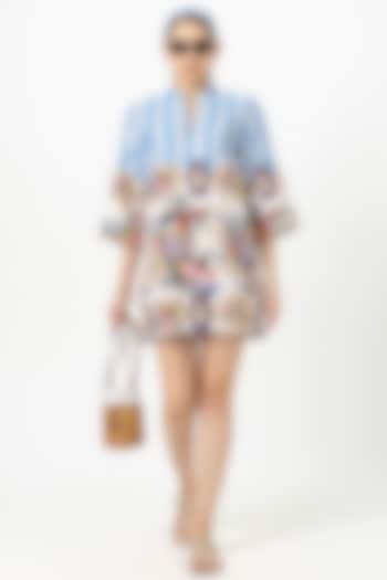 Blue Linen Blend Floral Printed Shift Dress by Sobariko at Pernia's Pop Up Shop