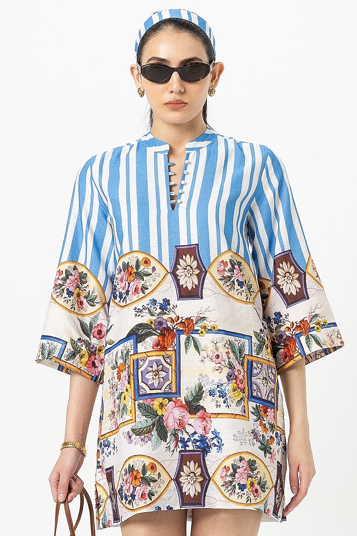 Blue Linen Blend Floral Printed Shift Dress by Sobariko at Pernia's Pop Up Shop
