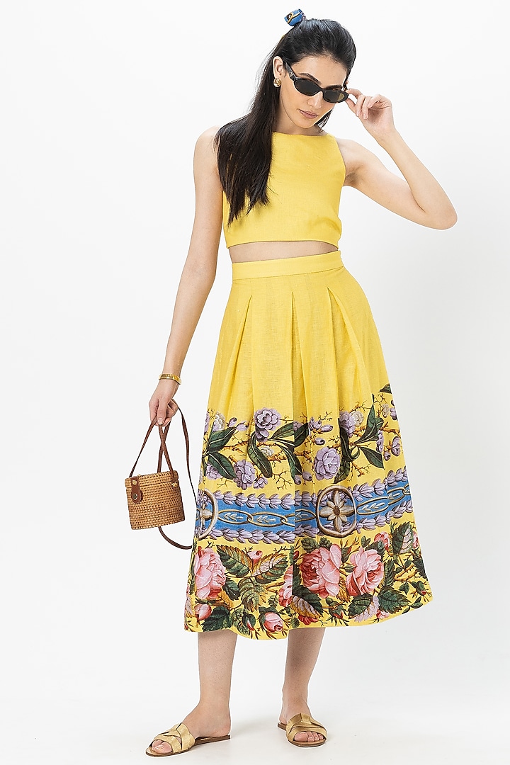 Yellow Linen Blend Floral Printed Skirt Set by Sobariko at Pernia's Pop Up Shop