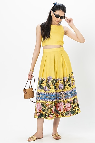 Yellow Linen Blend Floral Printed Skirt Set by Sobariko