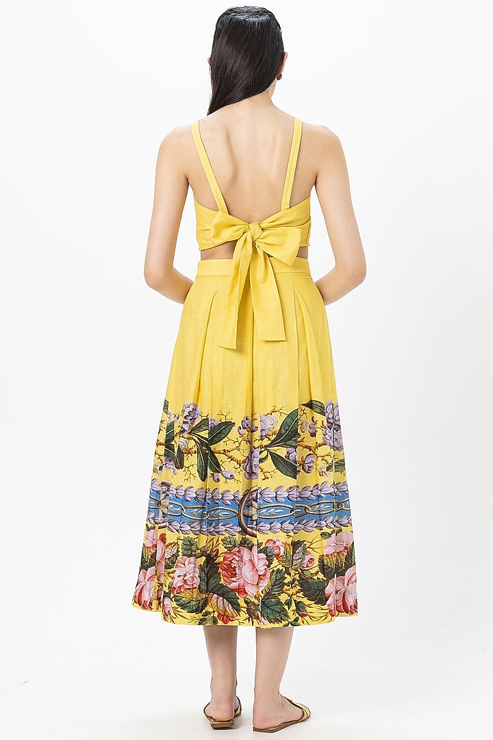 Yellow Linen Blend Floral Printed Skirt Set by Sobariko at Pernia's Pop Up Shop