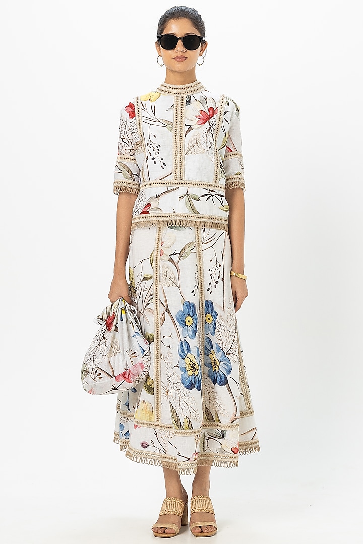 White Linen Blend Floral Printed Skirt Set by Sobariko at Pernia's Pop Up Shop