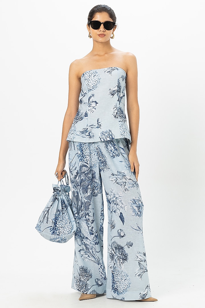 Blue Linen Blend Floral Co-Ord Set by Sobariko at Pernia's Pop Up Shop