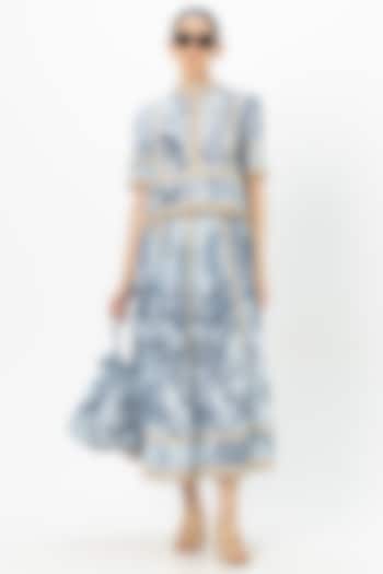 Blue Linen Blend Floral Printed Skirt Set by Sobariko at Pernia's Pop Up Shop