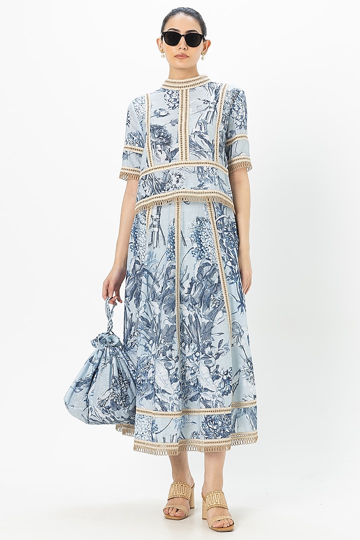 Blue Linen Blend Floral Printed Skirt Set by Sobariko at Pernia's Pop Up Shop