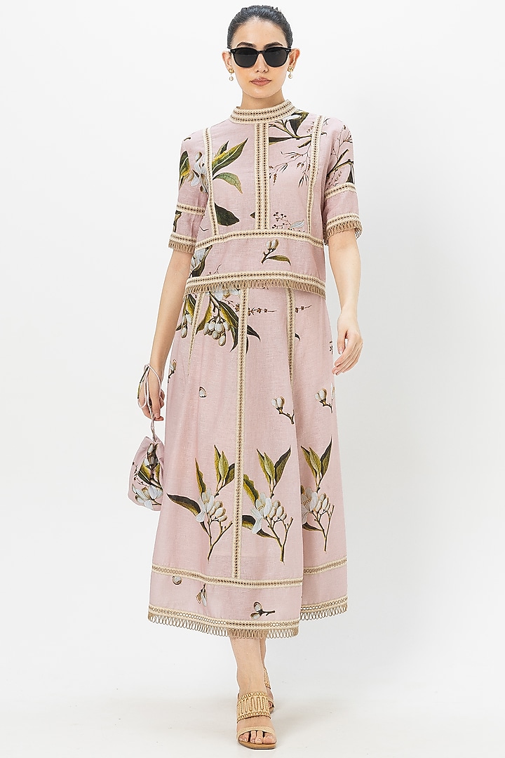 Pastel Pink Linen Blend Jasmine Printed Skirt Set by Sobariko at Pernia's Pop Up Shop