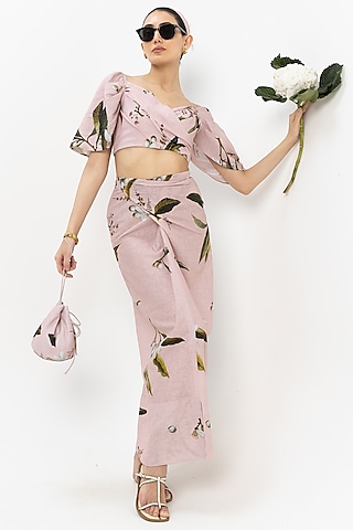 Pastel Pink Linen Blend Jasmine Printed Skirt Set by Sobariko