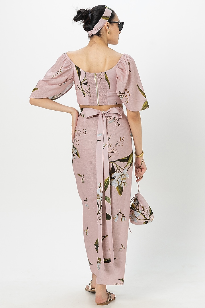 Pastel Pink Linen Blend Jasmine Printed Skirt Set by Sobariko at Pernia's Pop Up Shop