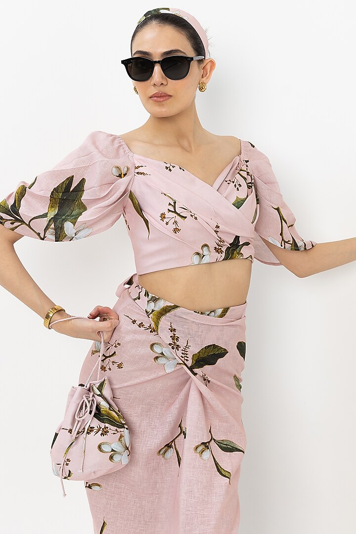 Pastel Pink Linen Blend Jasmine Printed Skirt Set by Sobariko at Pernia's Pop Up Shop