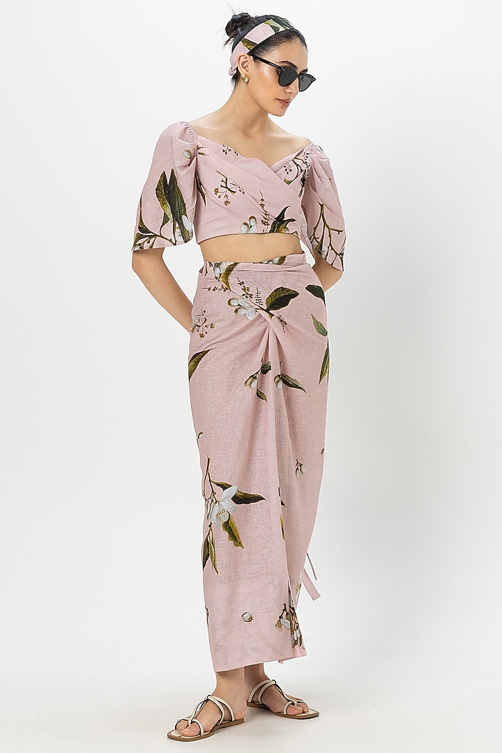 Pastel Pink Linen Blend Jasmine Printed Skirt Set by Sobariko at Pernia's Pop Up Shop
