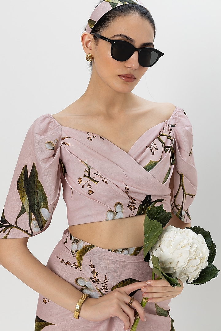 Pastel Pink Linen Blend Jasmine Printed Skirt Set by Sobariko at Pernia's Pop Up Shop
