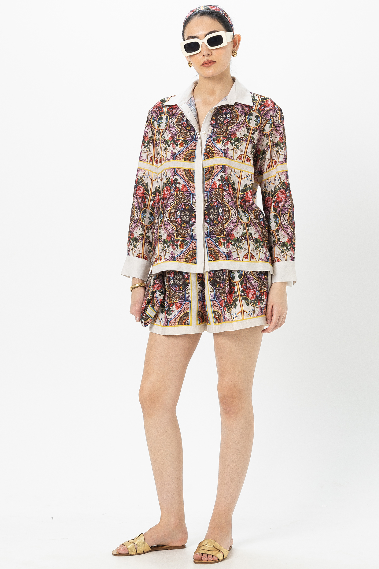 White Linen Blend Rococo Printed Co-Ord Set by Sobariko at Pernia's Pop Up Shop