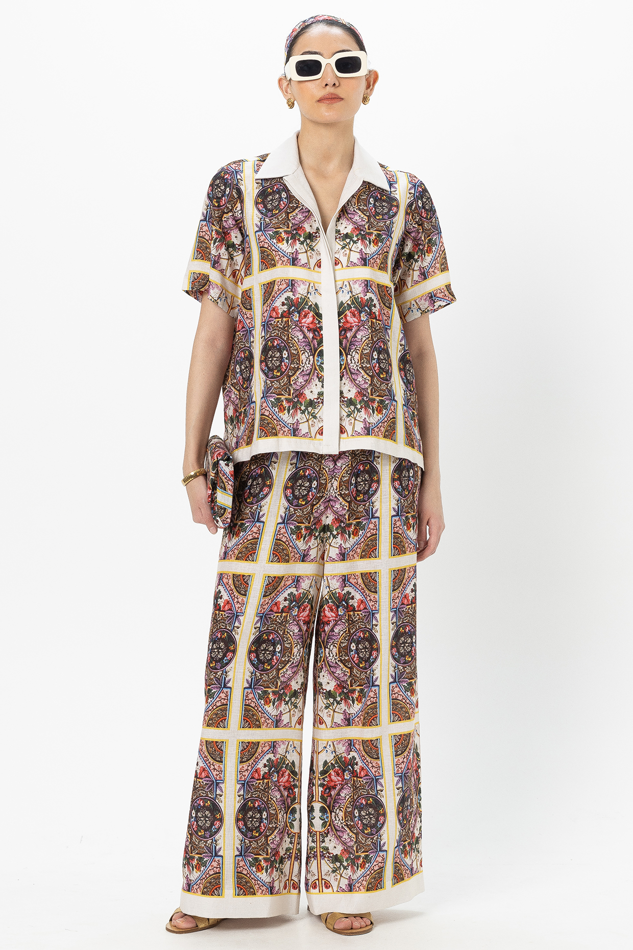 White Linen Blend Rococo Printed Co-Ord Set by Sobariko at Pernia's Pop Up Shop