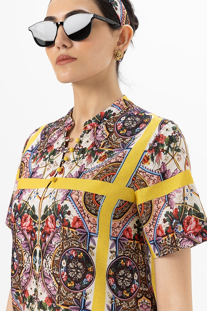 Yellow Linen Blend Rococo Printed Summer Dress by Sobariko at Pernia's Pop Up Shop