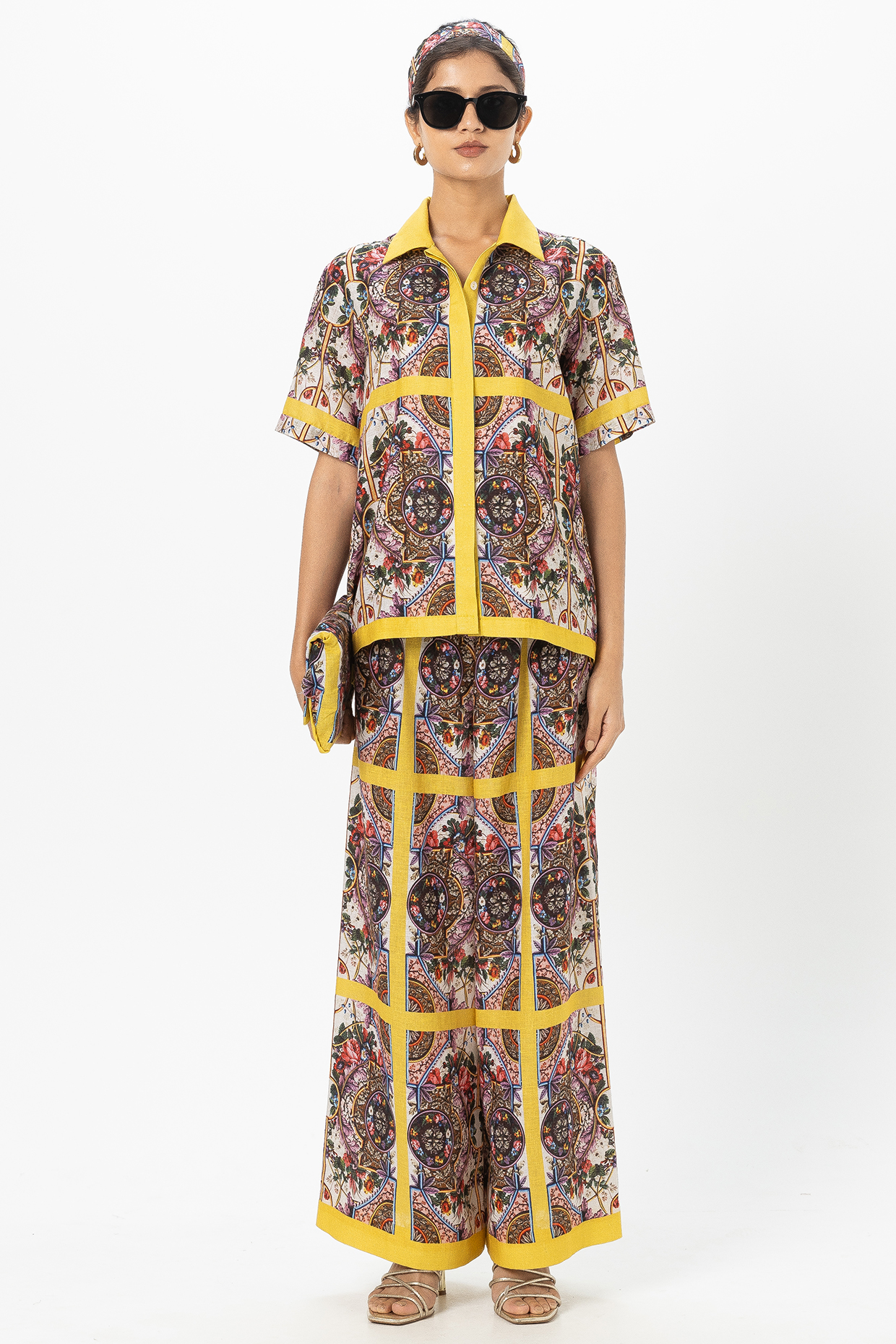 Yellow Linen Blend Rococo Printed Co-Ord Set by Sobariko at Pernia's Pop Up Shop